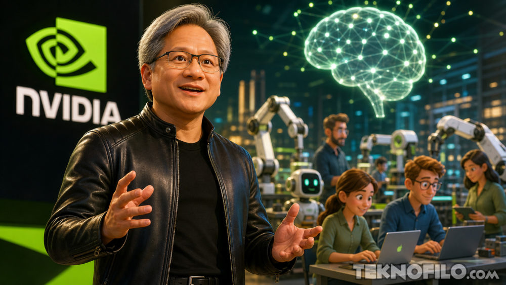 Jensen Huang, CEO de Nvidia: «La IA crea empleo, no lo destruye» Ejecutivo de NVIDIA habla sobre inteligencia artificial rodeado de robots y programadores animados.