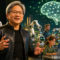 Ejecutivo de NVIDIA habla sobre inteligencia artificial rodeado de robots y programadores animados.