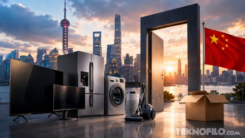 Samsung deja de vender televisores y electrodomésticos en China: Esta es la razón Electrodomésticos modernos con fondo urbano en China, bandera roja ondeando, caja de cartón abierta frente a rascacielos.