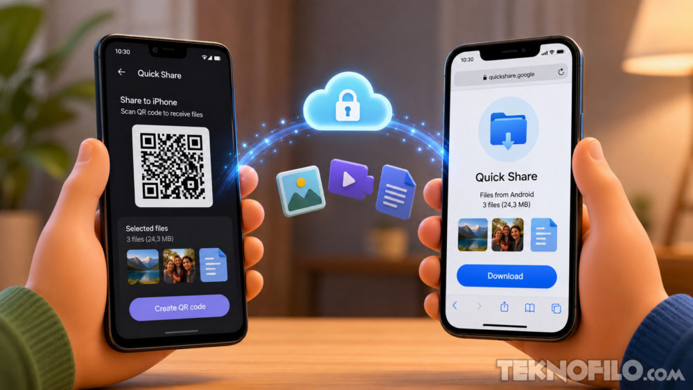 Android ya puede enviar archivos a un iPhone escaneando un código QR Transferencia de archivos entre móviles usando QR y nube segura. Funcionalidad de Quick Share en acción.