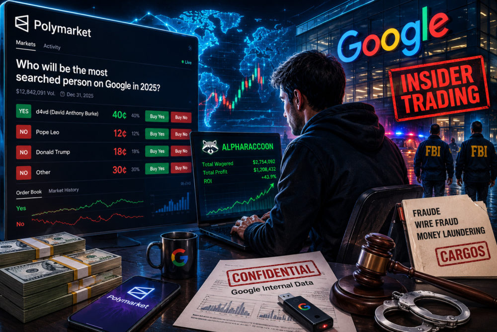 Un ingeniero de Google gana 1,2 millones apostando en Polymarket y acaba acusado de insider trading Persona analizando datos de mercado en Polymarket con documentos confidenciales y agentes del FBI presentes.
