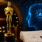 Premios de cine con IA: estatuilla de oro, claqueta, guion y cerebro digital con IA en fondo tecnológico.