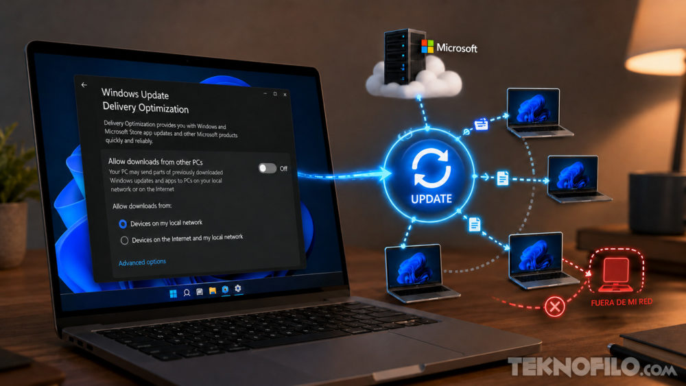 Este ajuste de Windows puede estar ocupando tu conexión a Internet sin que lo sepas Laptop con pantalla de actualización de Windows, conexión en red y opción de descarga optimizada activada.