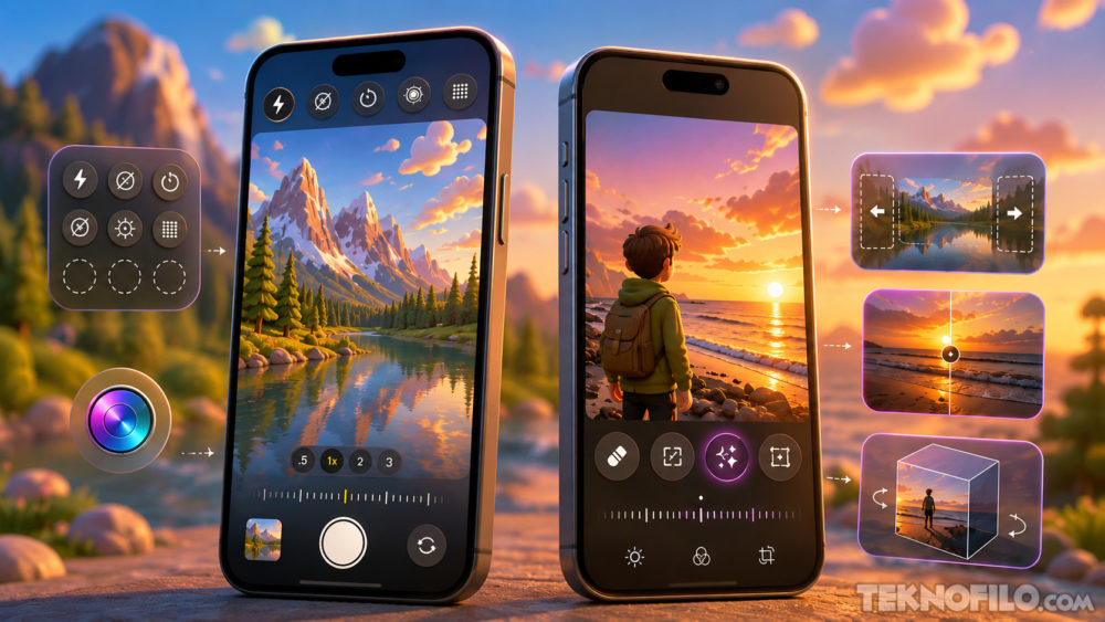 Apple prepara grandes cambios en Cámara y Fotos con iOS 27, según rumores Dos smartphones mostrando paisajes de montaña y playa al atardecer con opciones de edición fotográfica avanzadas.