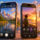 Dos smartphones mostrando paisajes de montaña y playa al atardecer con opciones de edición fotográfica avanzadas.