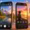 Dos smartphones mostrando paisajes de montaña y playa al atardecer con opciones de edición fotográfica avanzadas.