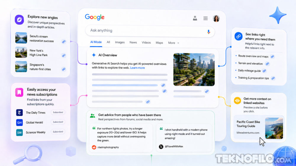 Google responde a las críticas: sus búsquedas con IA mostrarán más enlaces útiles Interfaz de búsqueda de Google con sugerencias de IA y enlaces adicionales para explorar lugares y suscripciones.