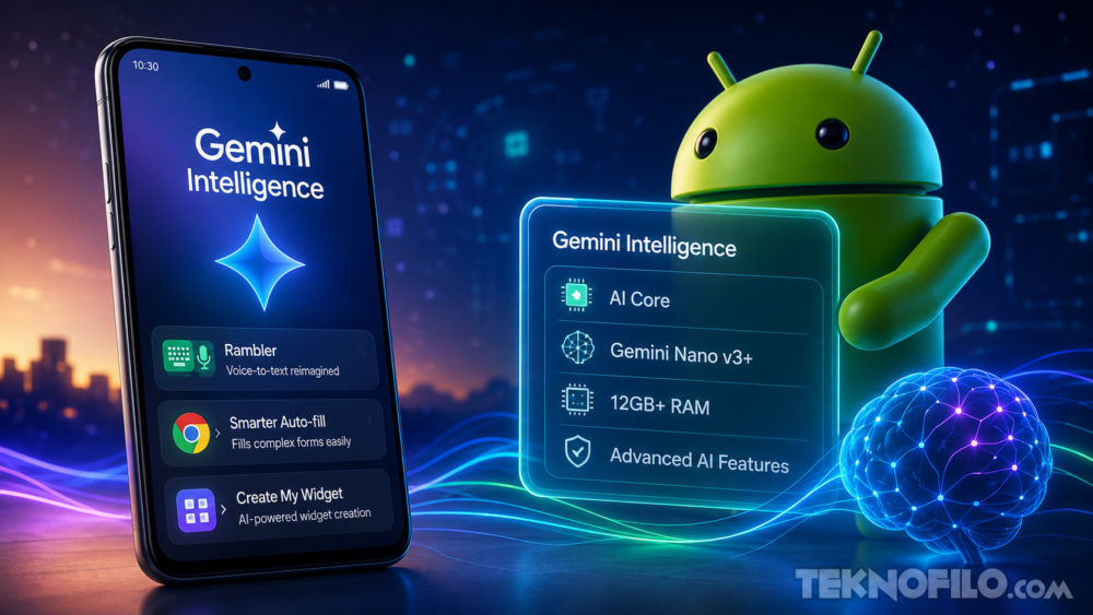 Google confirma qué smartphones podrán recibir Gemini Intelligence Smartphone con Gemini Intelligence, IA avanzada y funciones destacadas junto a símbolo de Android y núcleo de IA.