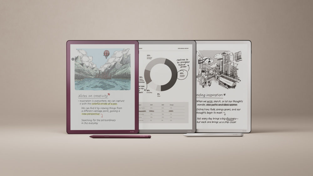 Amazon lanza en España los nuevos Kindle Scribe: más rápidos, ligeros y con pantalla de 11 pulgadas Tabletas Kindle Scribe mostrando notas creativas, gráficos y bocetos en pantalla para inspiración y productividad.