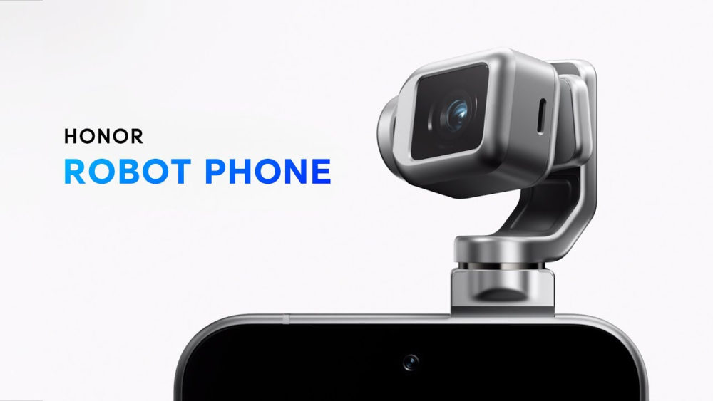 Cámara robótica del teléfono HONOR, tecnología avanzada en diseño moderno.