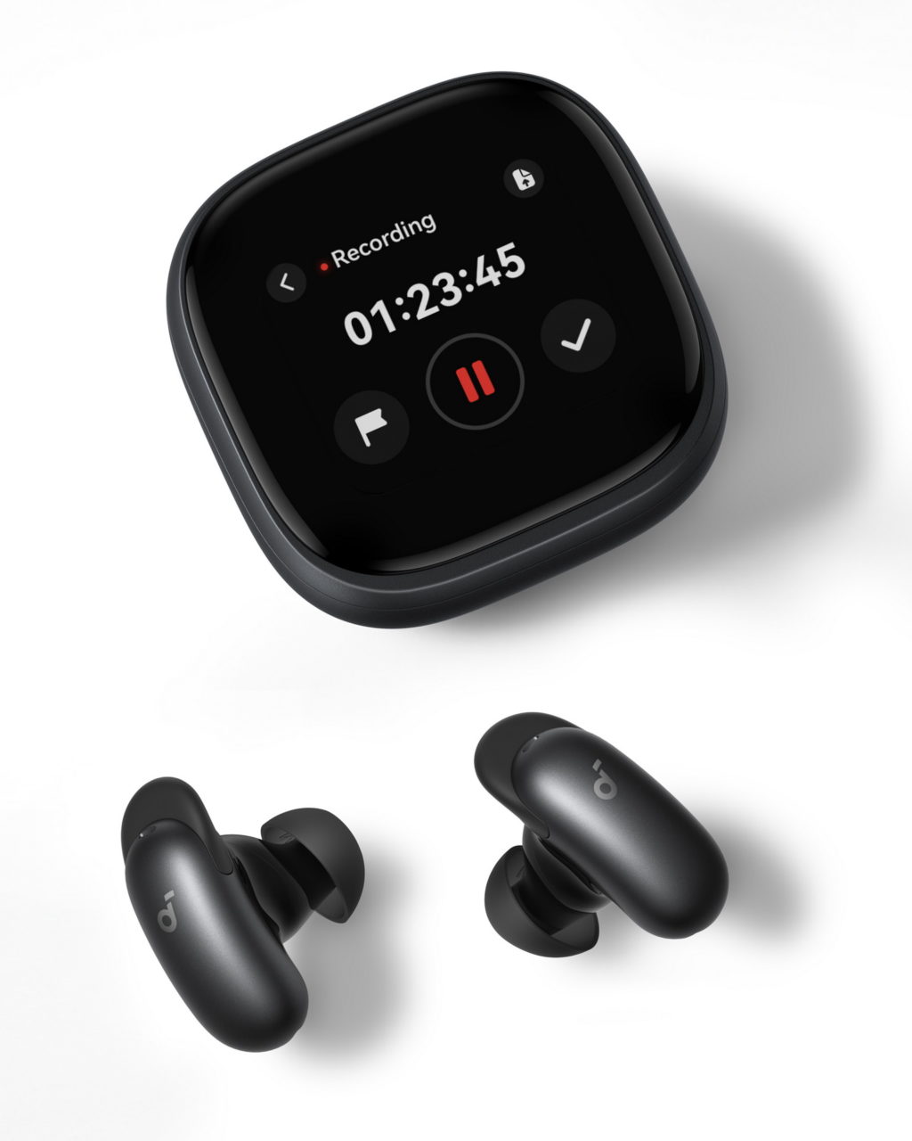 Auriculares inalámbricos negros con estuche y pantalla de grabación activa. Diseño moderno y minimalista.