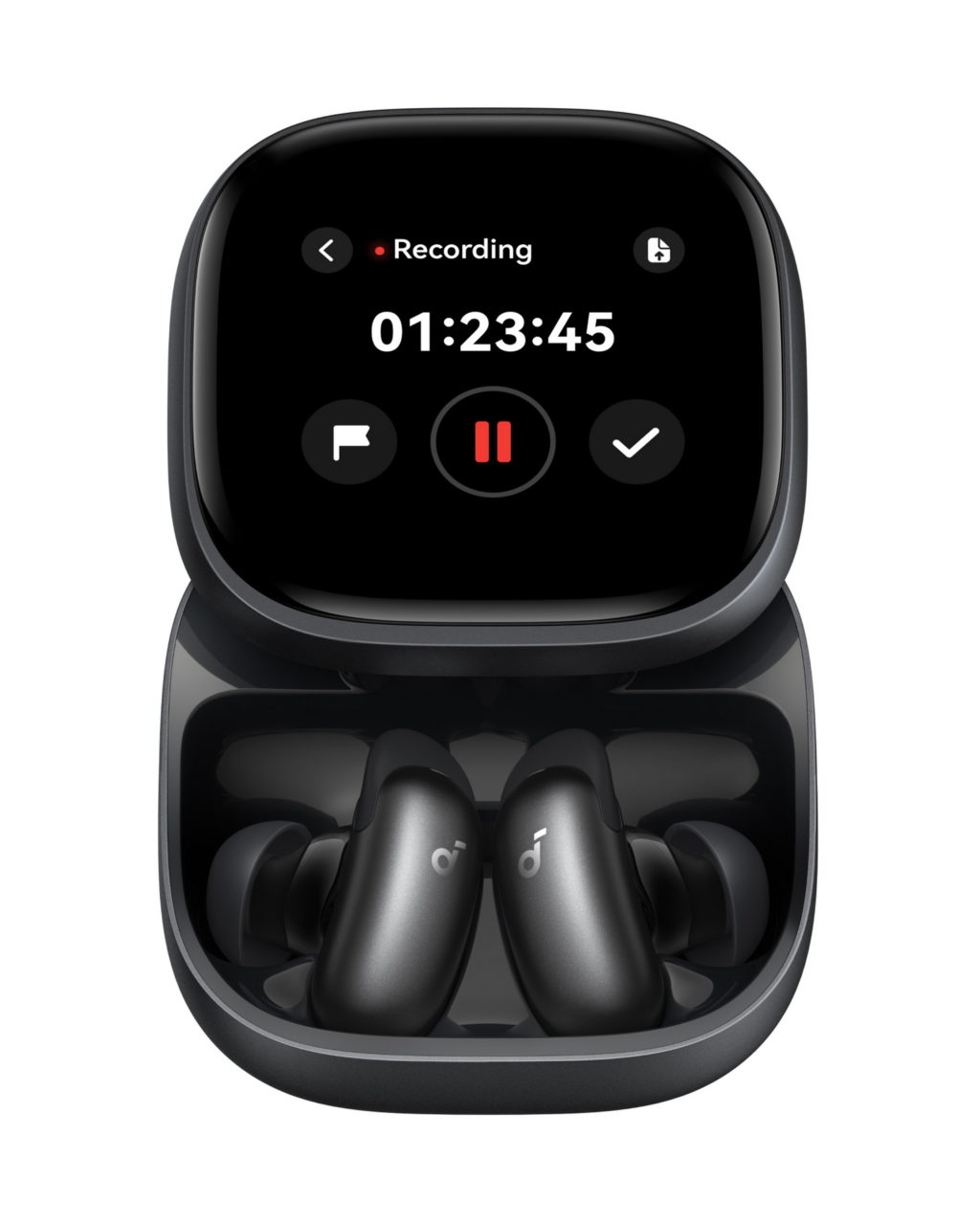 Auriculares inalámbricos en caja de carga con pantalla digital mostrando grabación. Tecnología avanzada de sonido.
