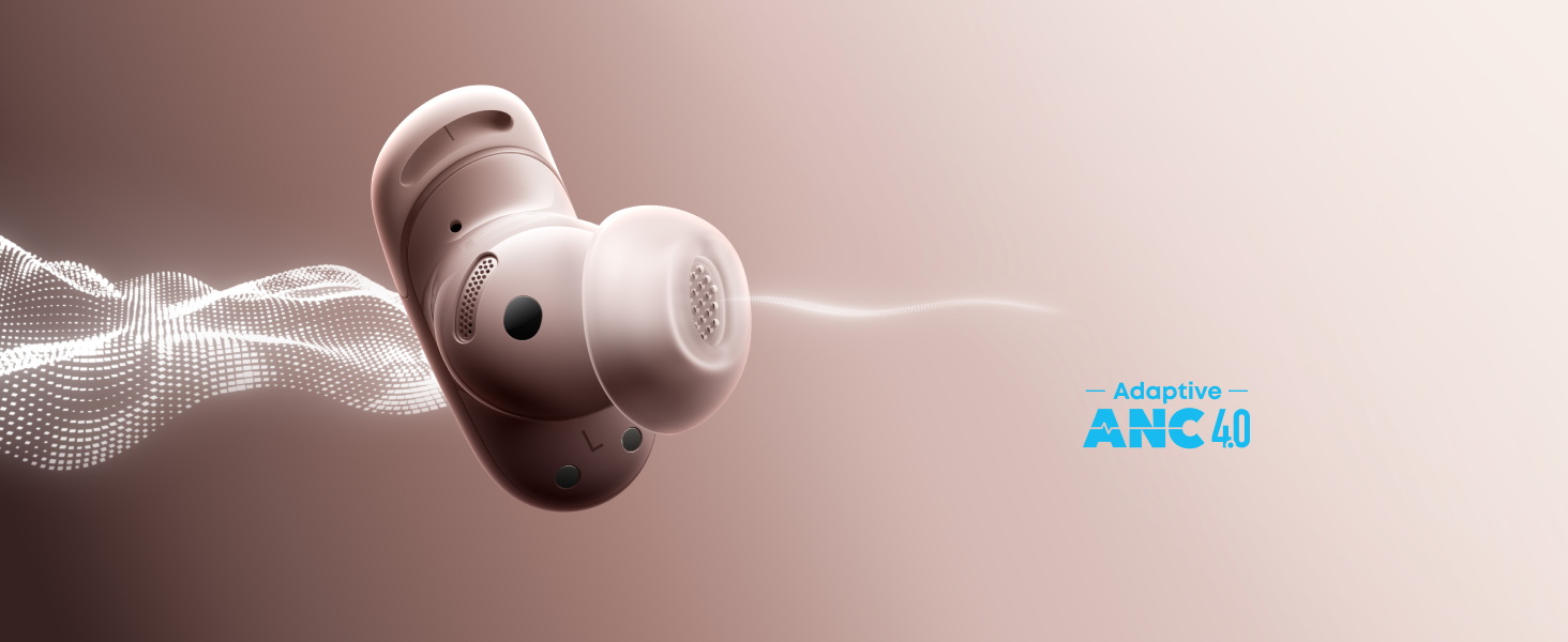 Auriculares inalámbricos con cancelación de ruido Adaptive ANC 4.0 en fondo rosa. Tecnología avanzada de audio.