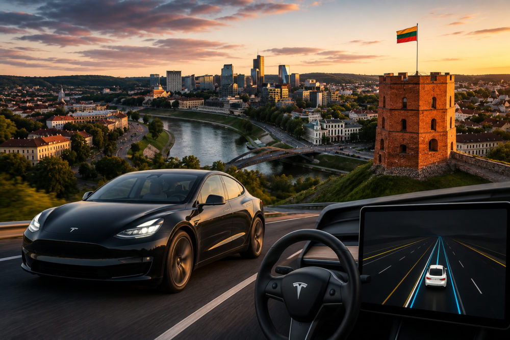 Tesla lleva su conducción autónoma supervisada a dos países europeos Coche eléctrico negro Tesla en carretera con vista de ciudad al atardecer y castillo en colina, bandera ondeando.