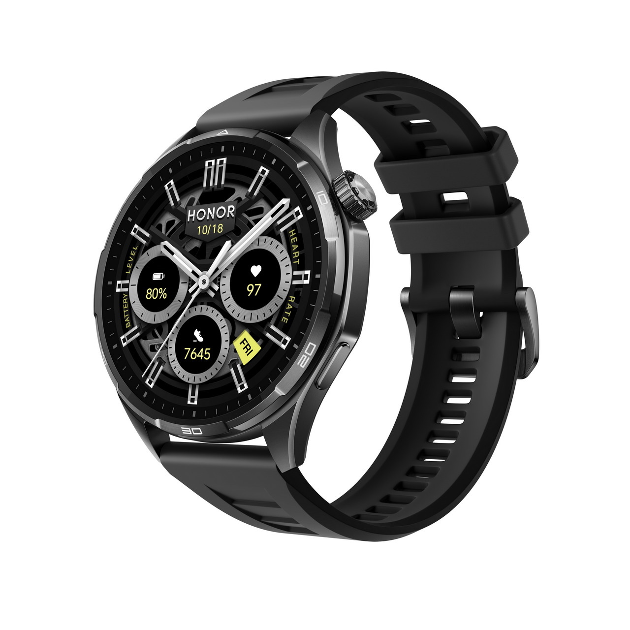 Reloj inteligente Honor con pantalla táctil, funciones de salud y actividad; diseño moderno en negro.