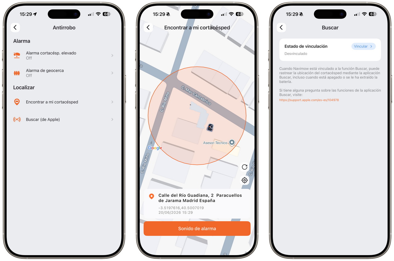 Aplicación de seguimiento de cortacésped en iPhone, muestra ubicación precisa con alarma y funciones de búsqueda.