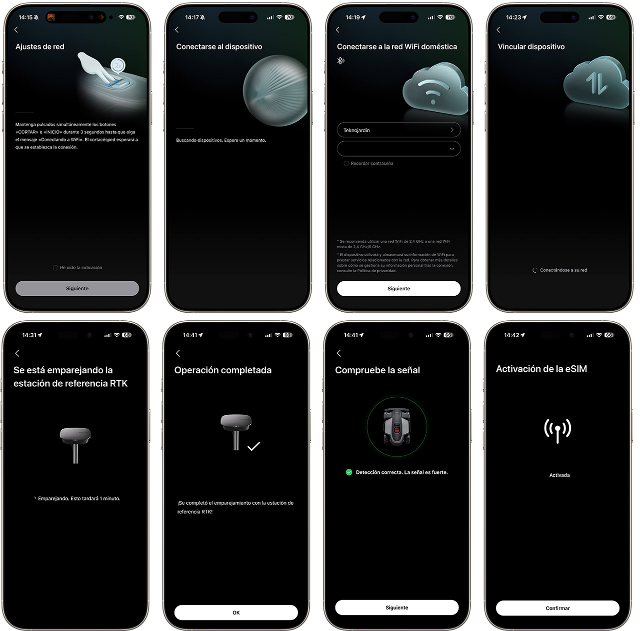 Configuración de red y activación de eSIM en dispositivos móviles mostrados en diferentes pantallas.