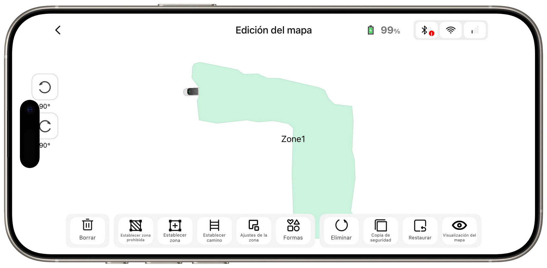 Vista de edición de mapa en aplicación móvil con opciones de navegación y ajuste. Zona señalada como Zone1.