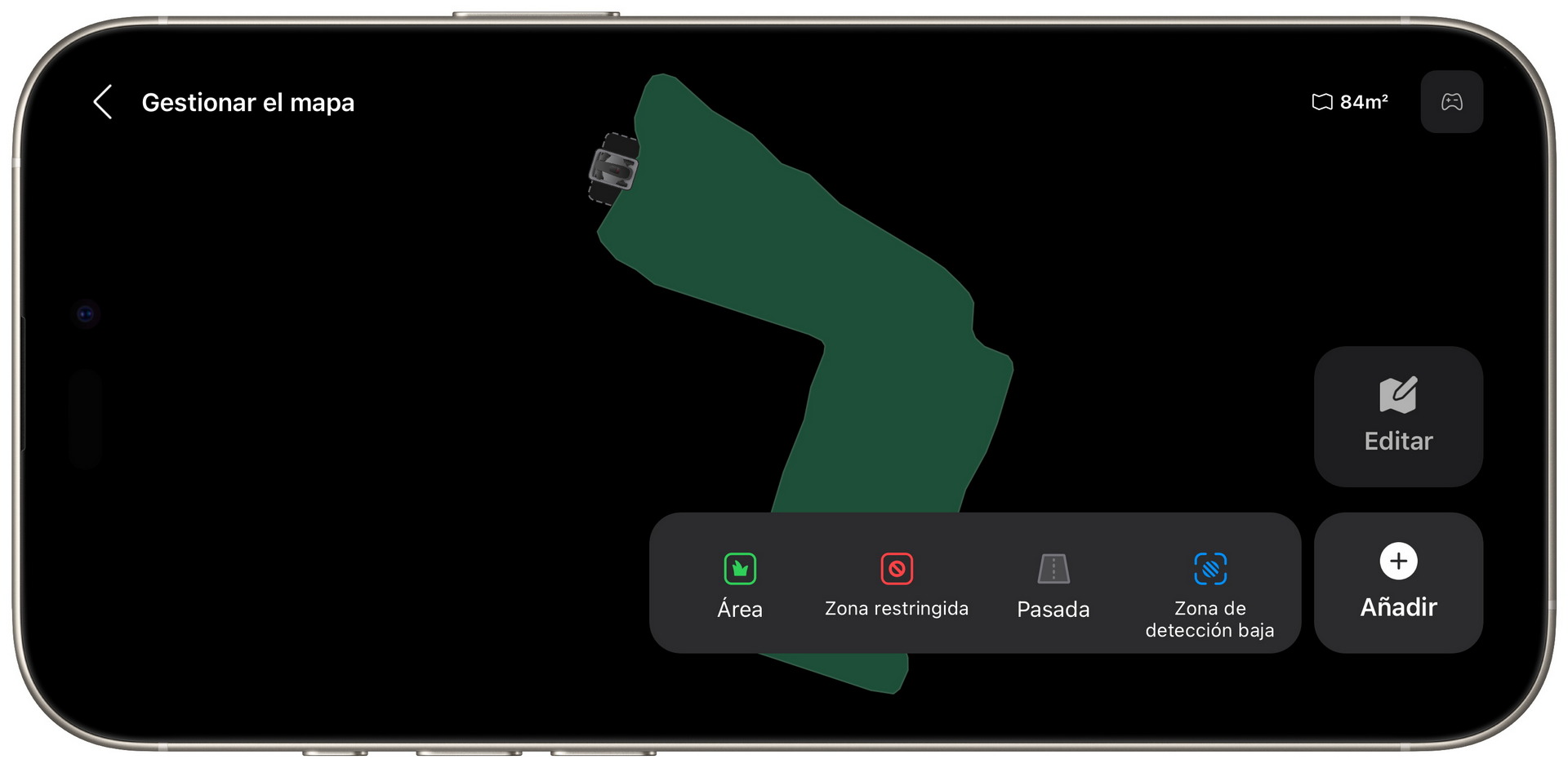 Mapa de gestión en smartphone, muestra opciones de edición y áreas restringidas en verde.