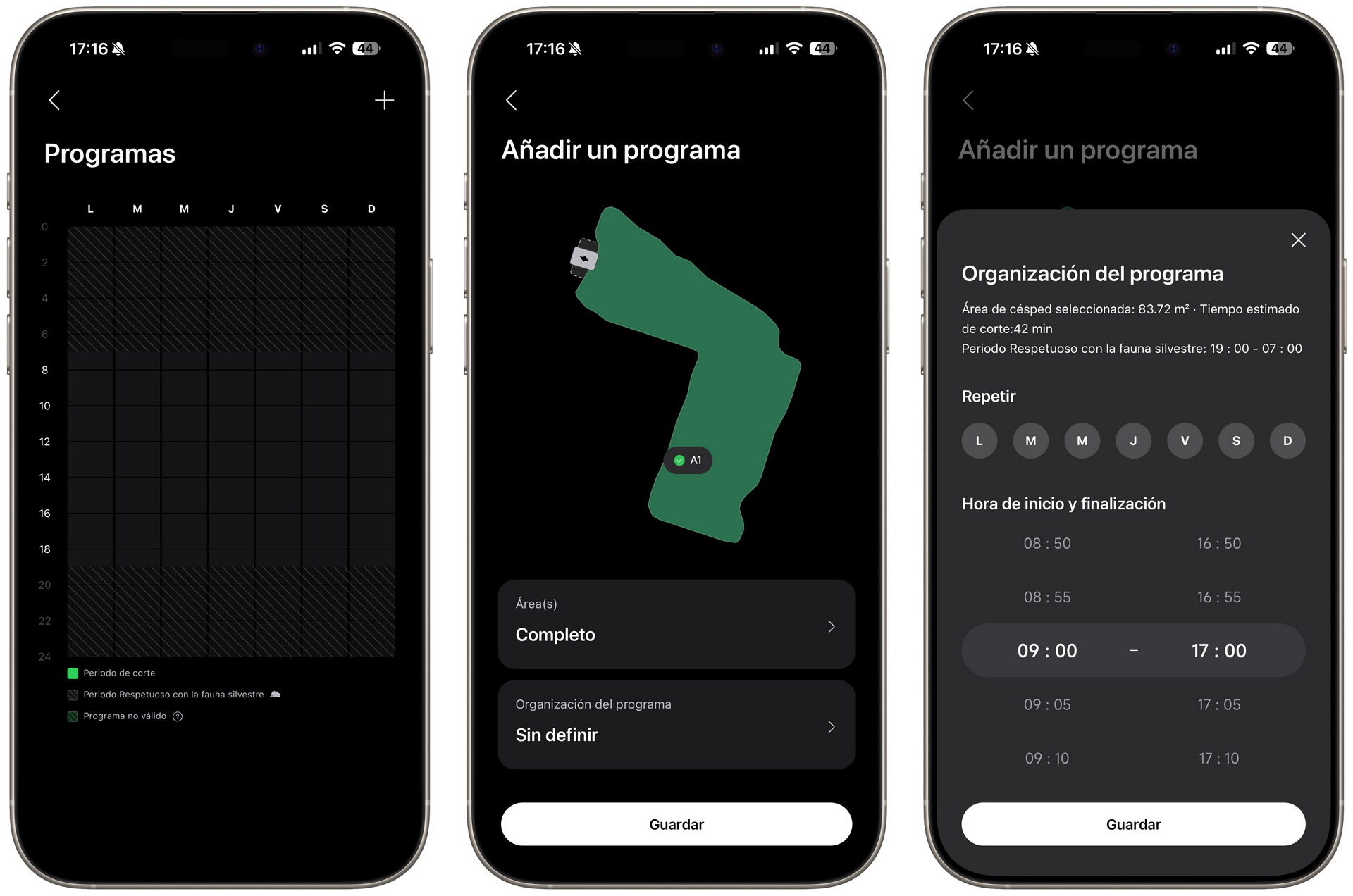Pantalla de programación de corte de césped mostrando días y horarios en la aplicación móvil.