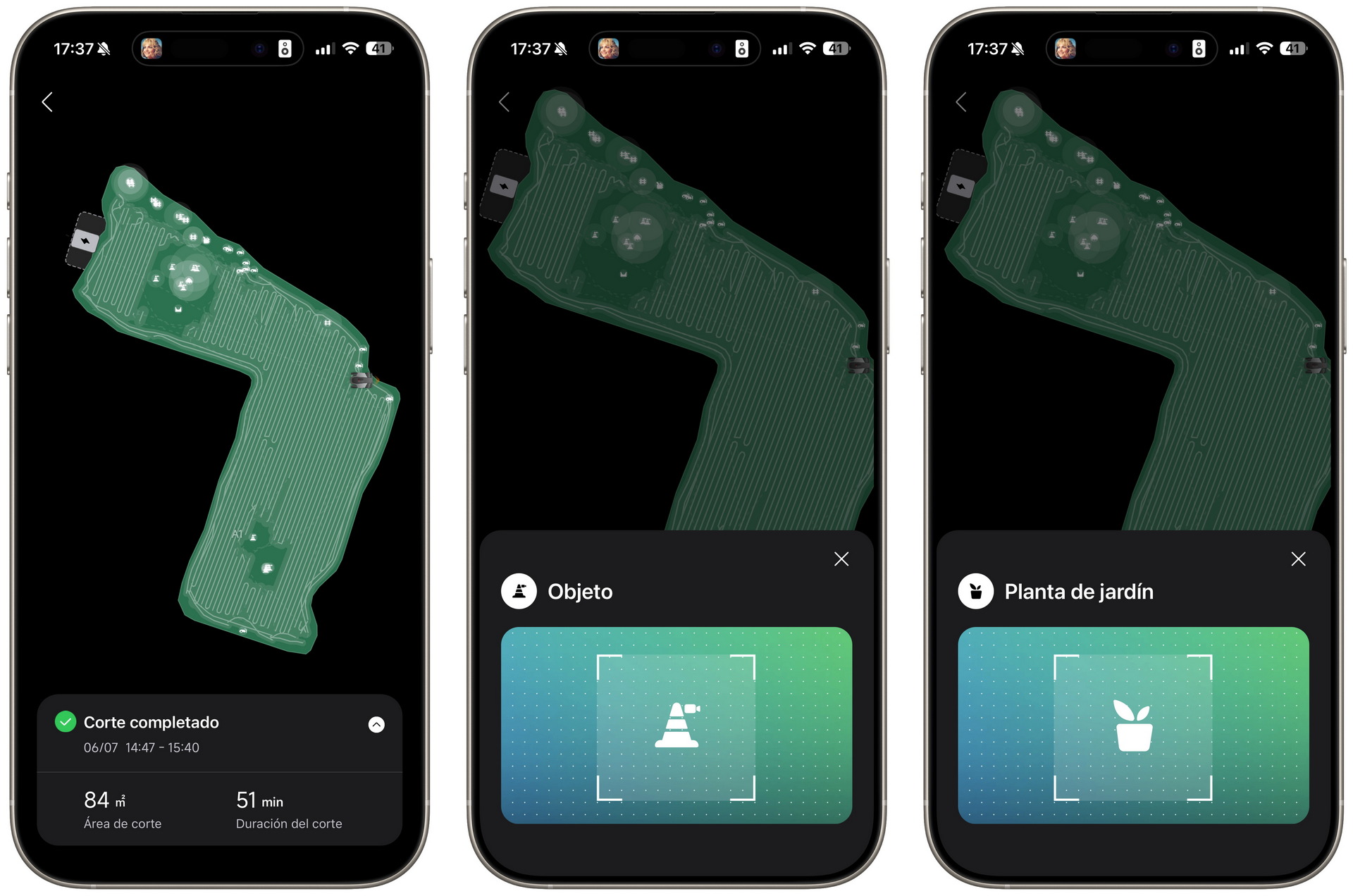 Pantallas de app de corte de césped robotizado mostrando el mapa y progreso del jardín en un smartphone.