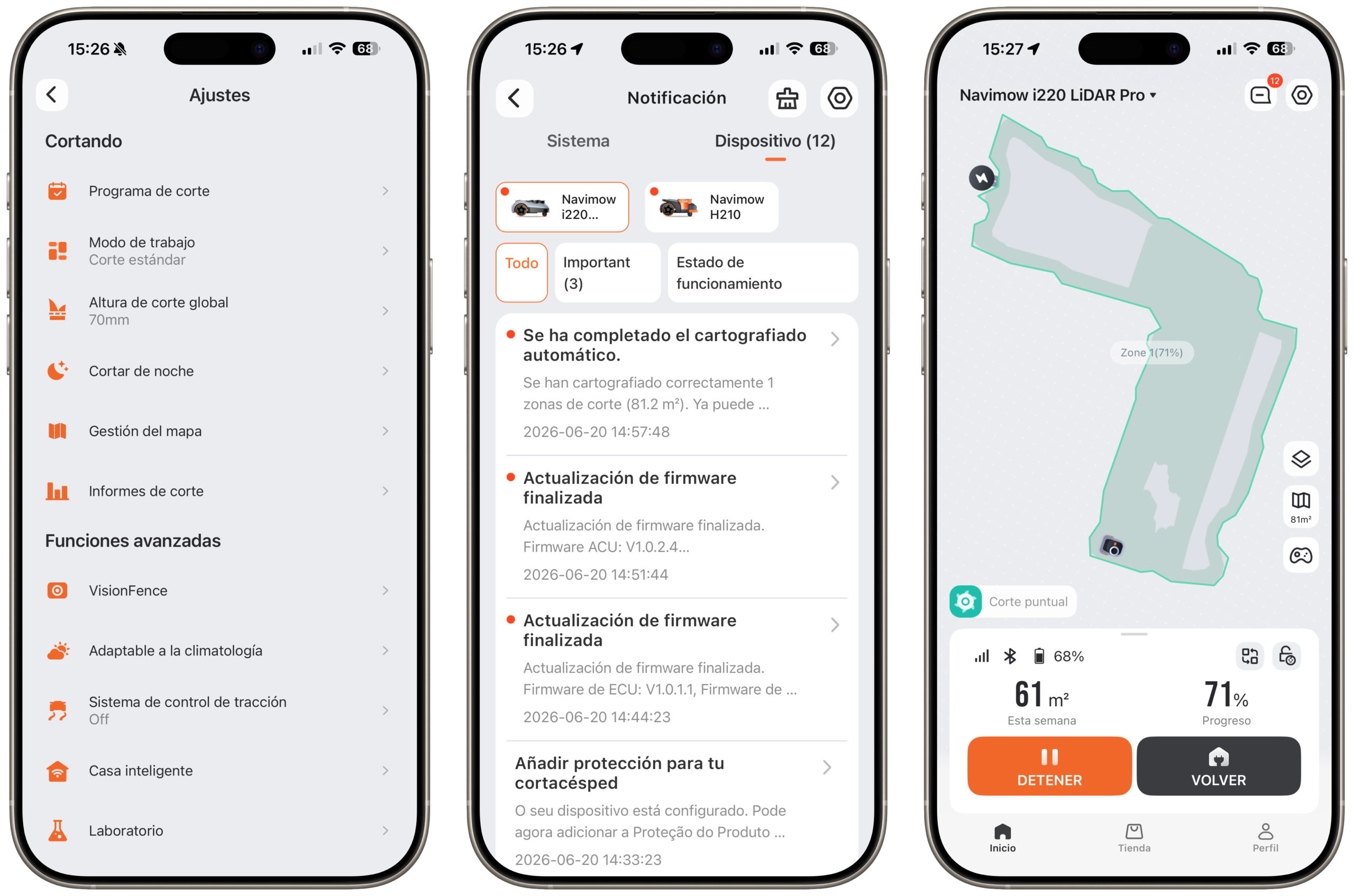Tres pantallas de una app de control de cortacésped Navimow, mostrando ajustes, notificaciones y mapa de corte.