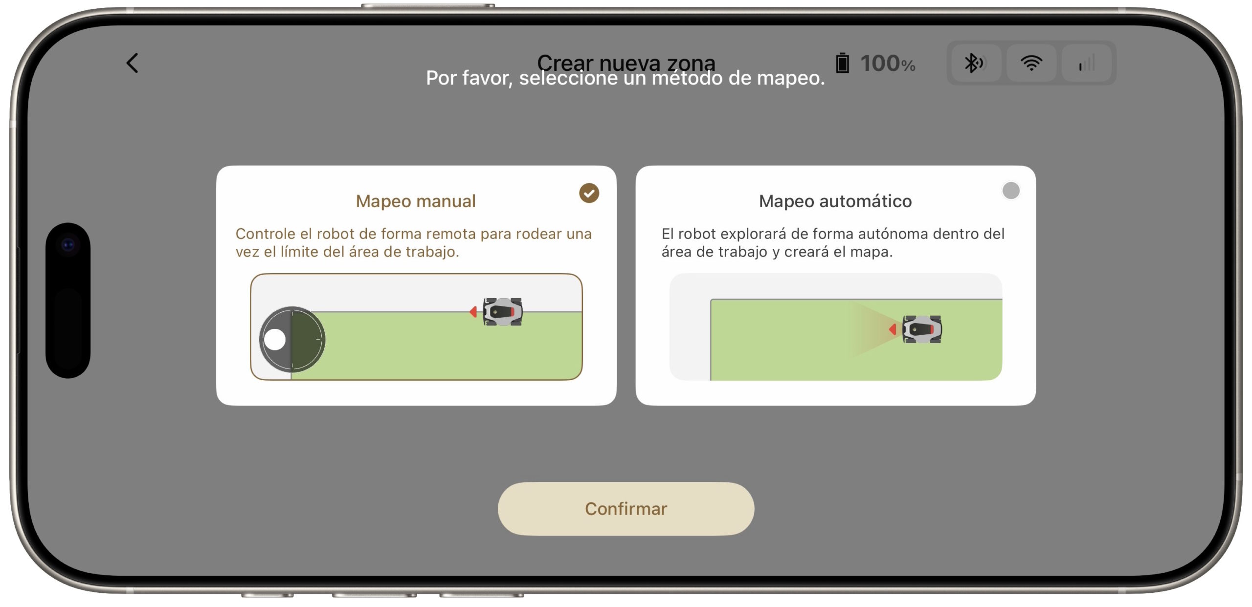 Pantalla de selección de método de mapeo para robot: manual o automático. Botón de confirmación disponible.