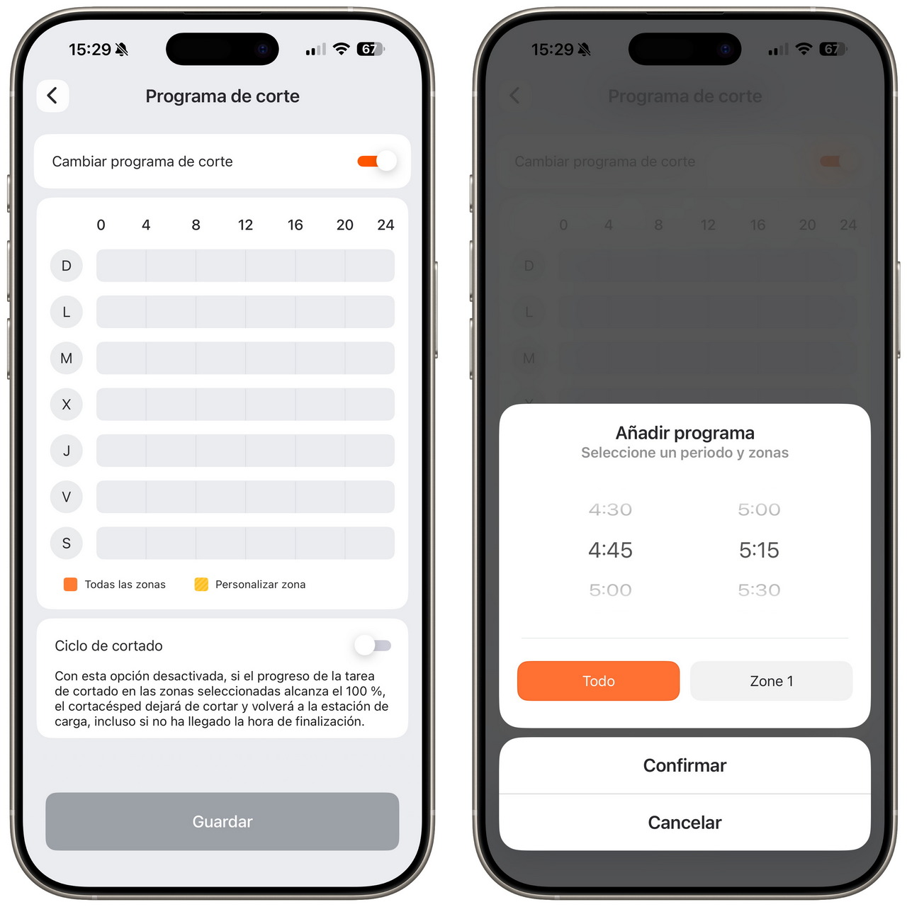 Interfaz de programación de corte en app móvil, muestra horarios y zonas seleccionables para el ciclo de cortado.