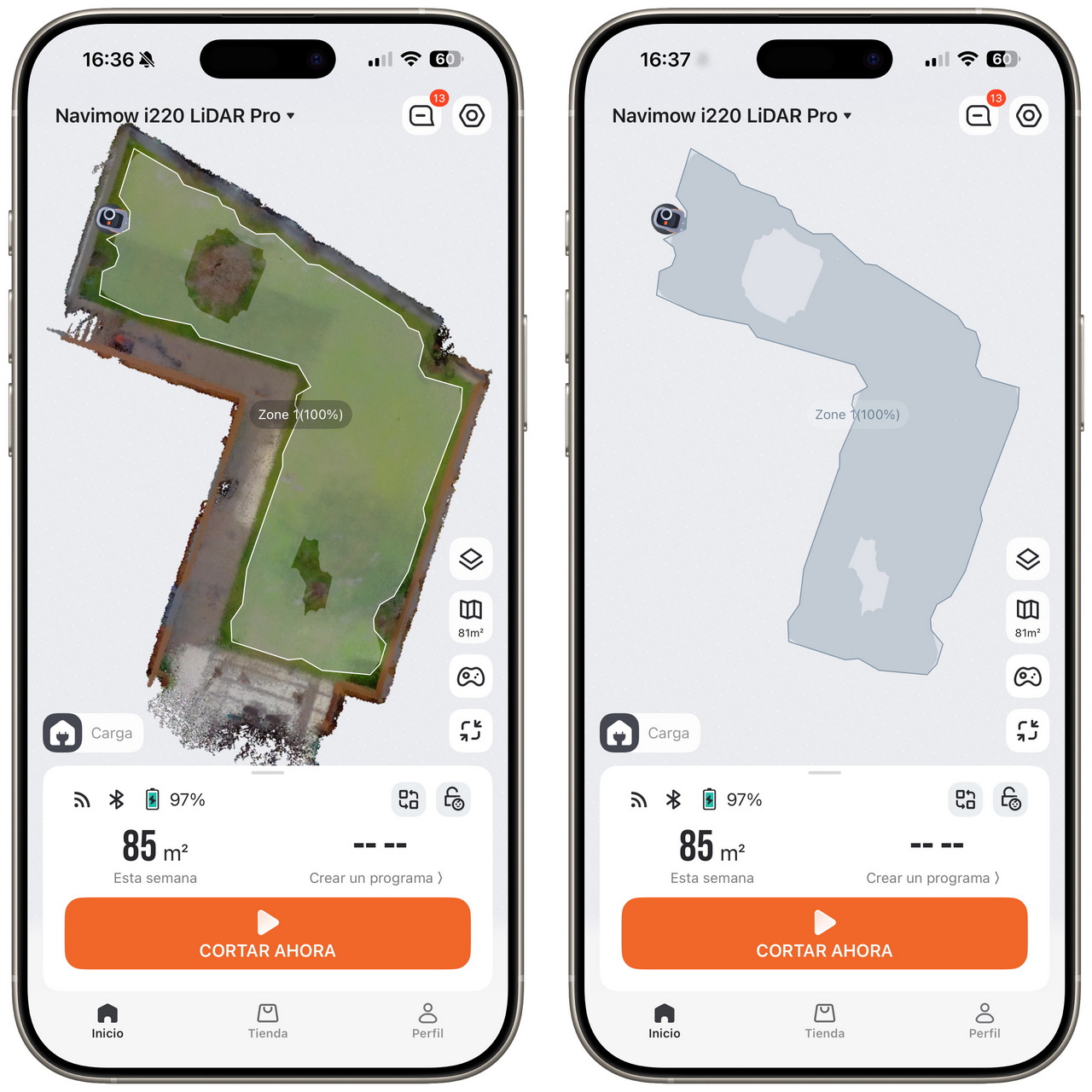 Pantallas de la app Navimow i220 LiDAR Pro mostrando mapas de corte de jardín con información de la zona y batería.