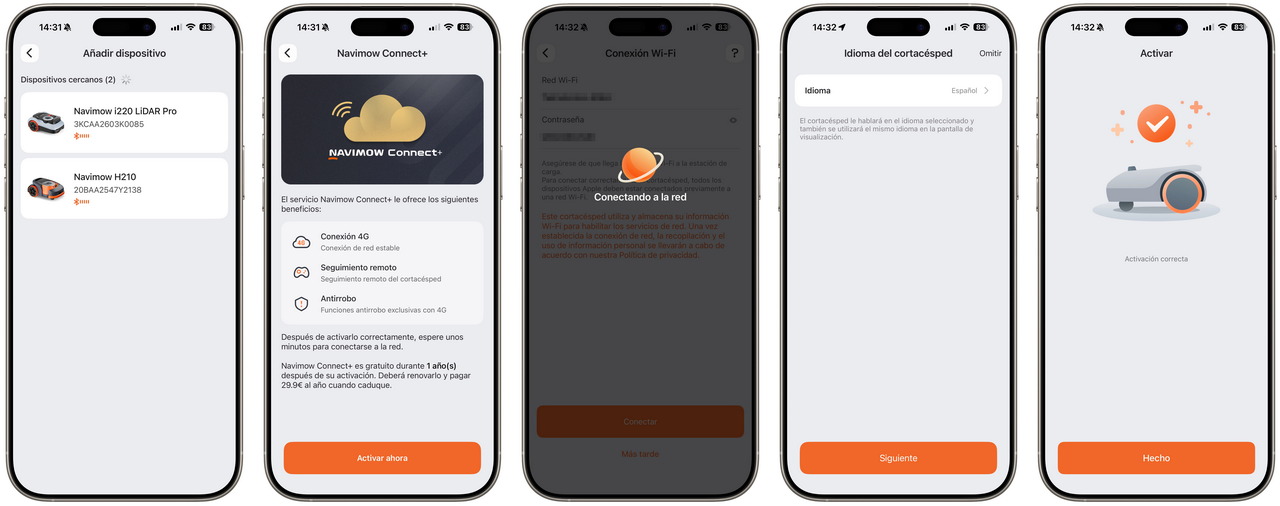 Pantallas de configuración de una app para conectar y activar dispositivos Navimow con Wi-Fi y seleccionar idioma.