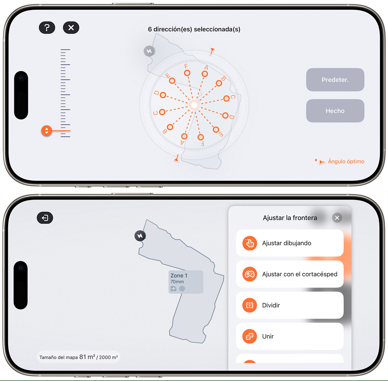 Pantalla de app móvil mostrando opciones para ajustar fronteras de un mapa con herramientas gráficas interactivas.