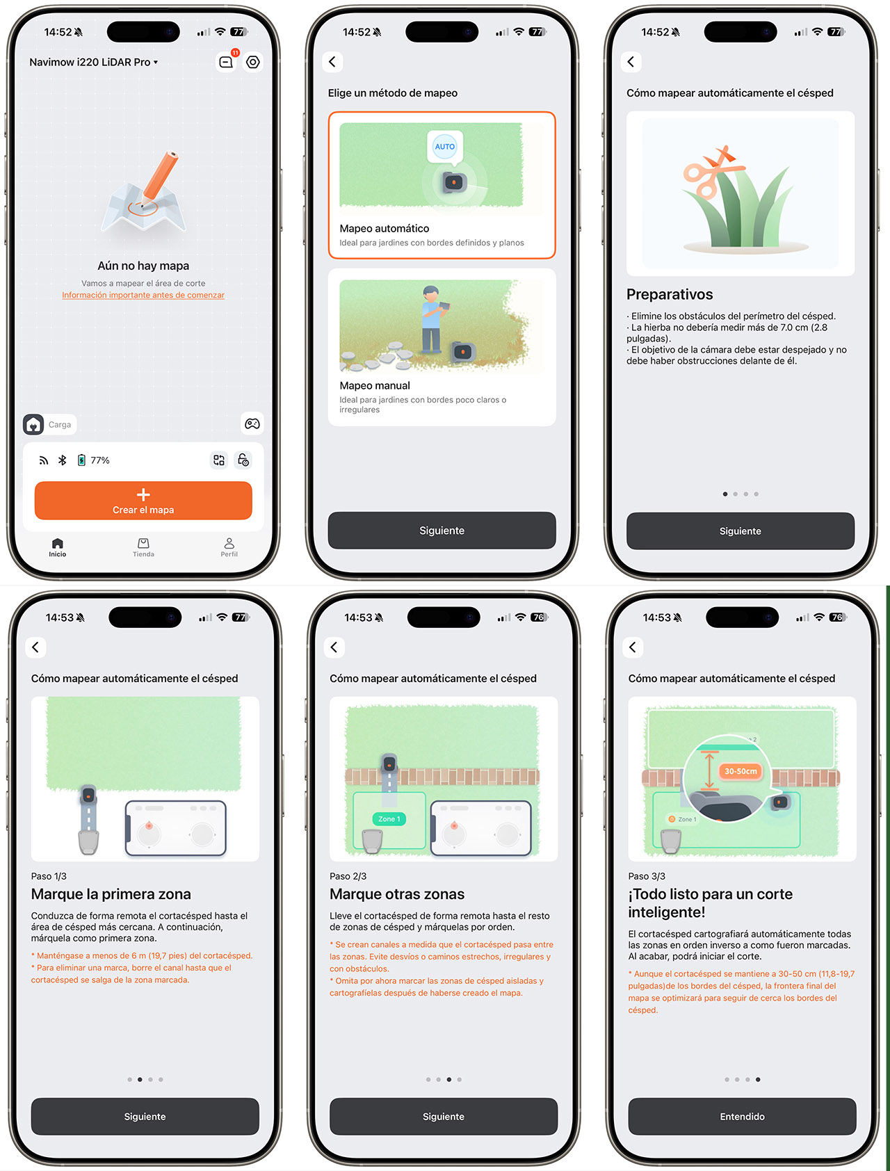 Pantalla de instrucciones para mapear y cortar césped automáticamente con el cortacésped Navimow i220.