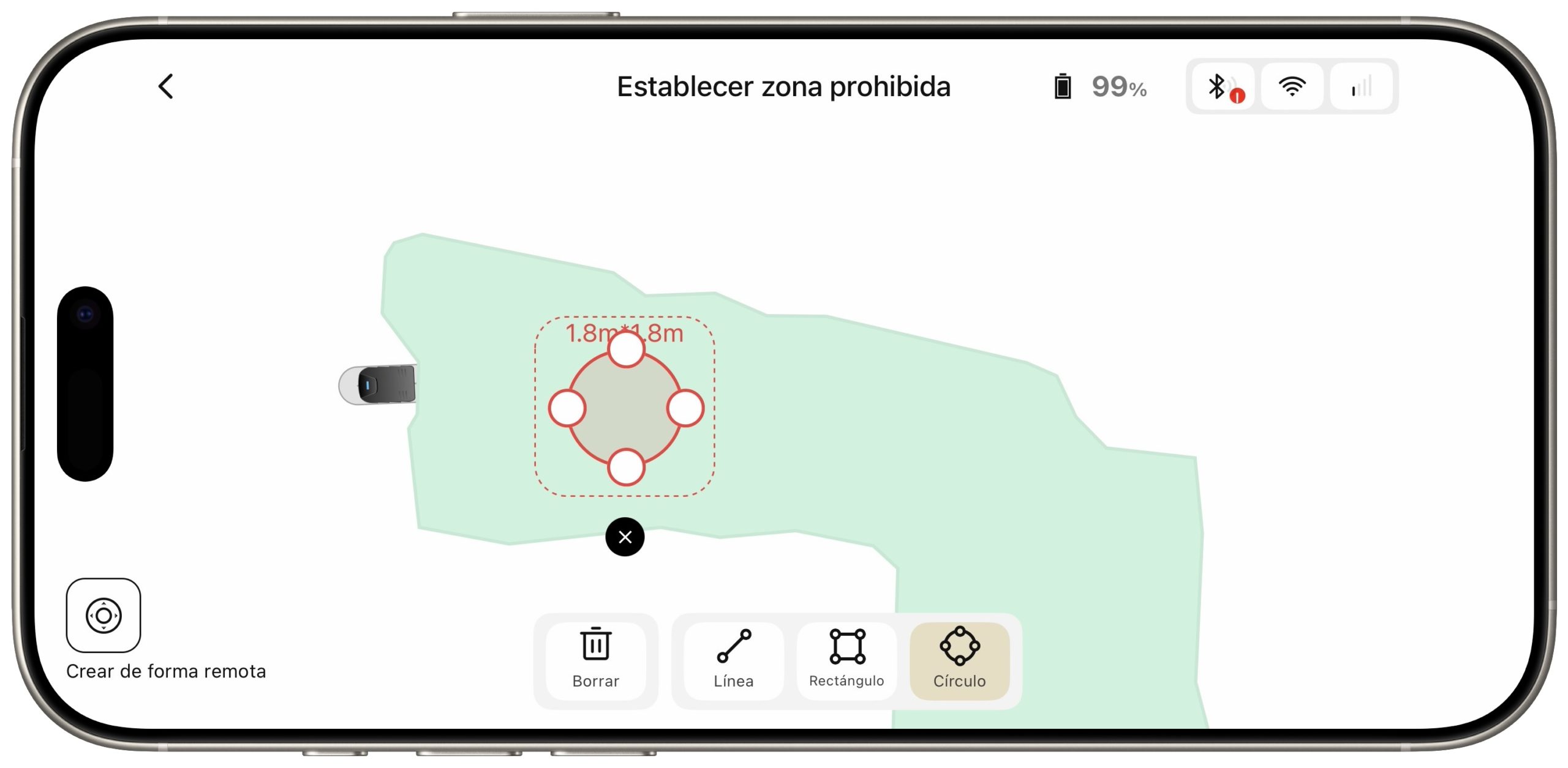 Pantalla de app móvil mostrando configuración de zona prohibida, opción de forma circular seleccionada.