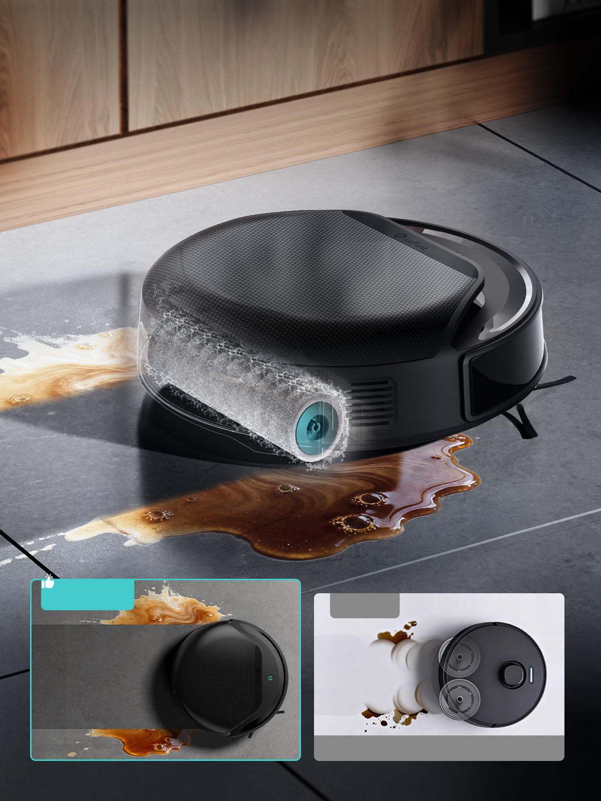 Robot aspirador limpiando líquido derramado en el suelo de una cocina, mostrando su efectividad y tecnología avanzada.