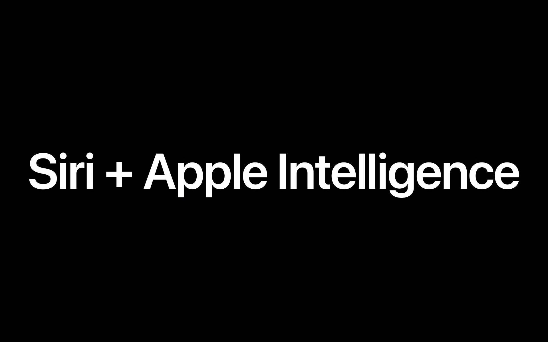 Texto blanco Siri + Apple Intelligence en fondo negro, destacando tecnología de Apple.