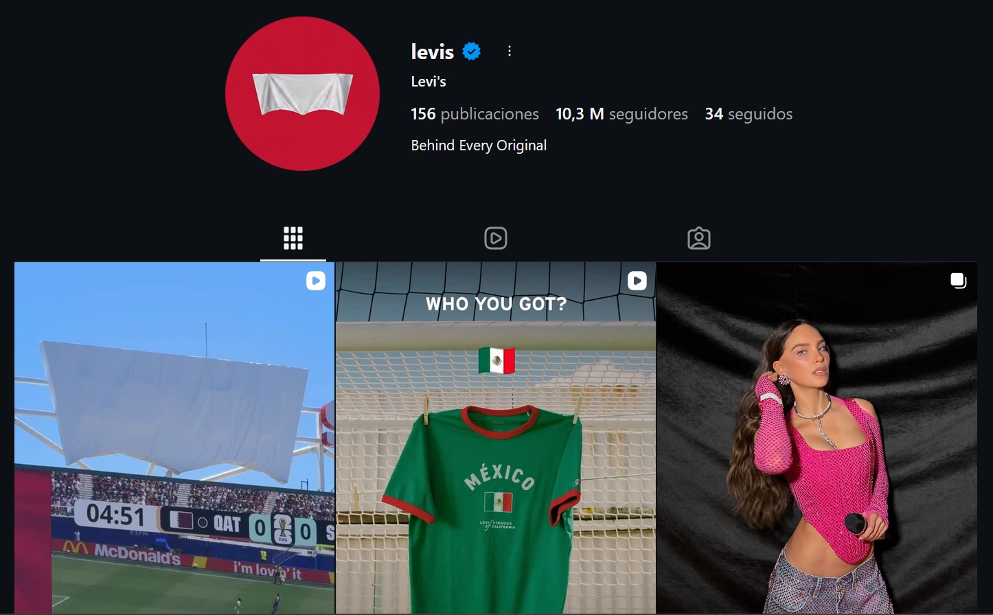 Cuenta de Instagram de Levi's, incluyendo publicaciones sobre fútbol y moda.