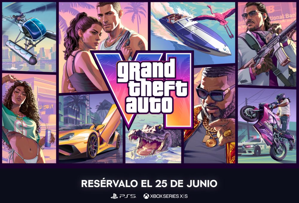 Grand Theft Auto VI: La apertura de reservas ya tiene fecha Portada colorida de Grand Theft Auto VI con personajes y escenas de acción, lanzamiento el 25 de junio.