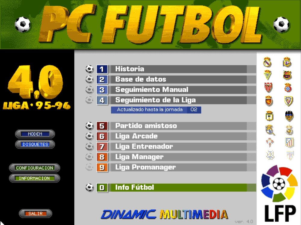 Pantalla principal de PC Fútbol 4.0, temporada 95-96, con opciones como Historia, Liga y Base de Datos.