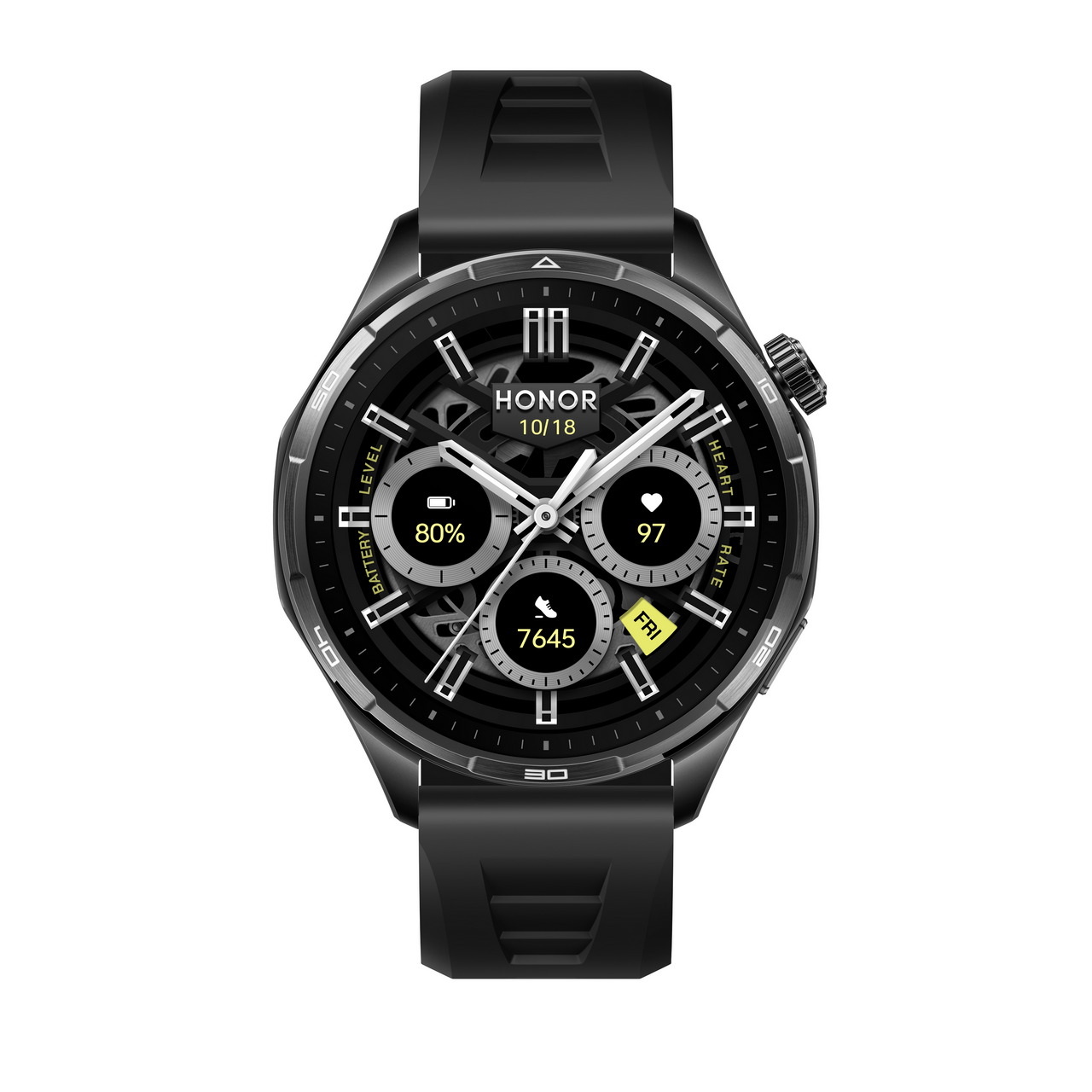 Reloj inteligente Honor con monitor de ritmo cardíaco y pasos, pantalla digital y correa negra.