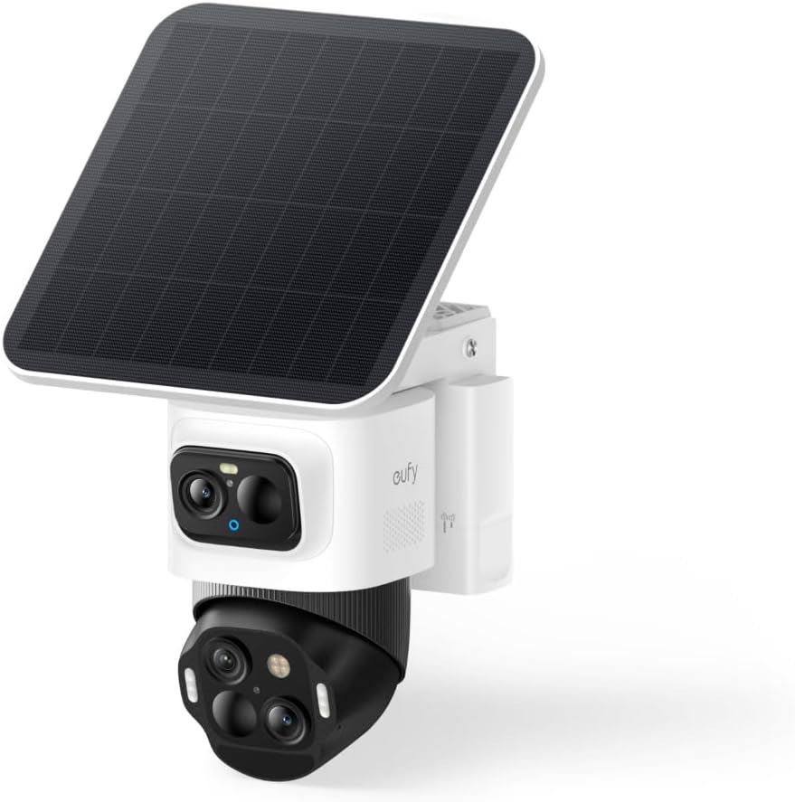 Cámara de seguridad solar inteligente, color blanco, ideal para vigilancia exterior y ahorro de energía.