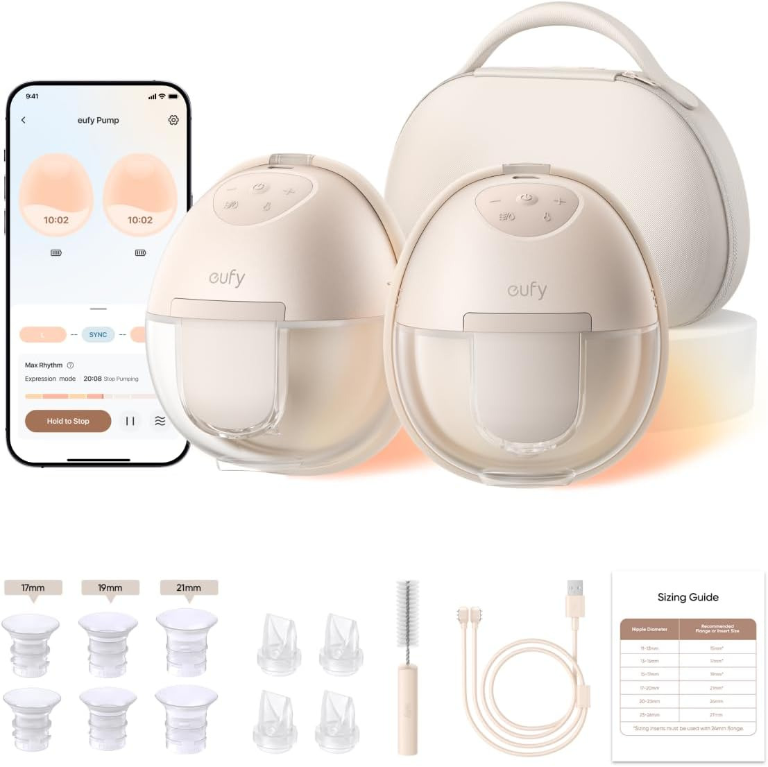 Extractor de leche Eufy con accesorios, control por app, diseño portátil, flexible, ideal para madres lactantes.