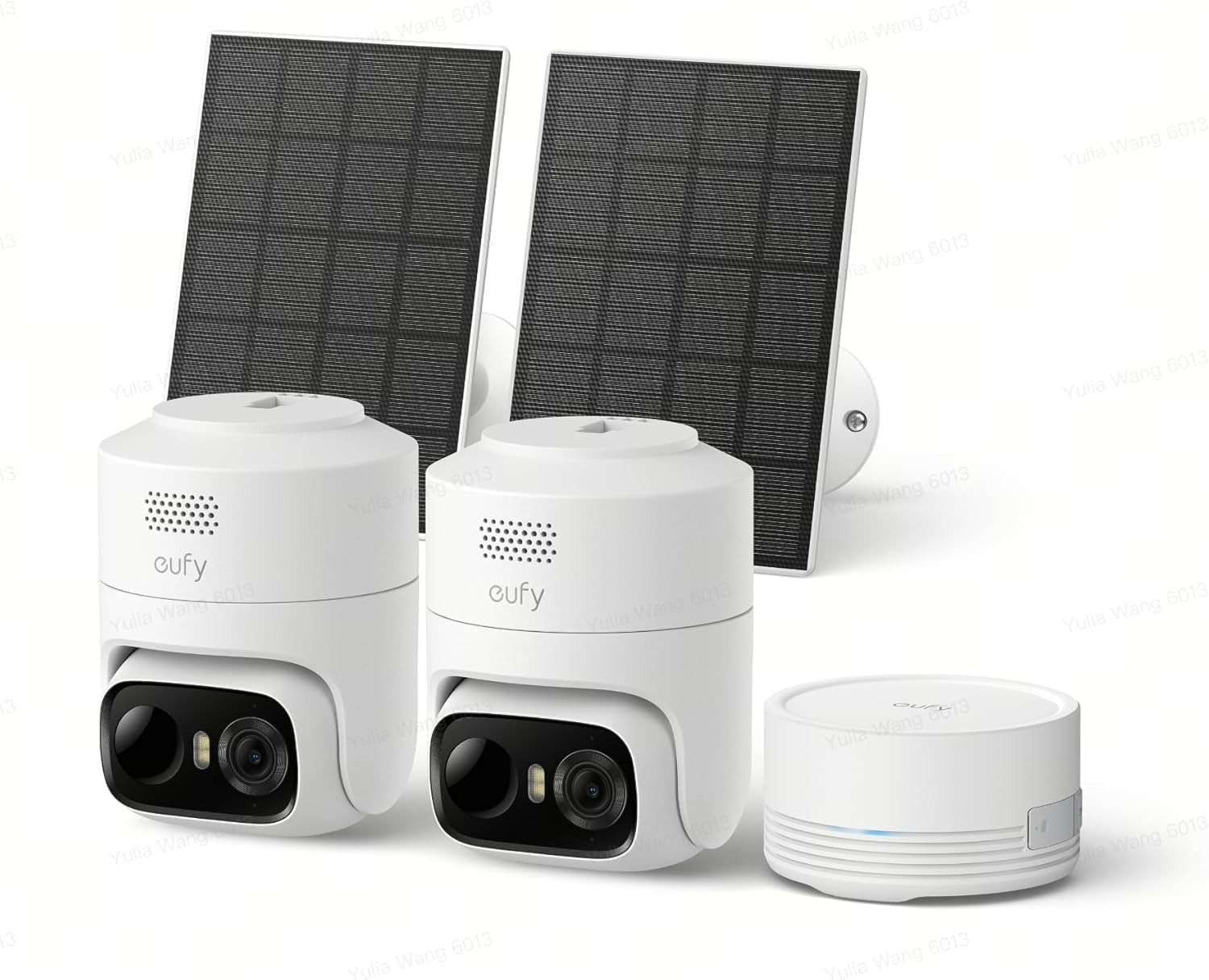 Cámaras de seguridad Eufy con paneles solares y unidad base. Innovación en vigilancia del hogar sostenible.