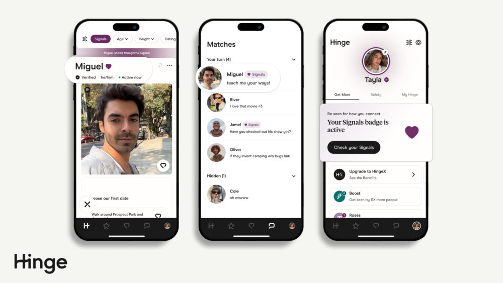 Hinge lanza Signals: el corazón morado que premia a quienes se toman en serio las citas Aplicación de citas Hinge mostrando perfil, coincidencias y notificación de insignia activa en smartphones.