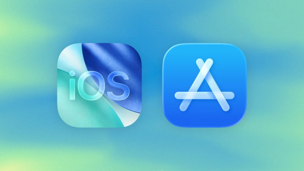 Brasil obliga a Apple a abrir iOS a tiendas de apps alternativas Íconos de iOS y App Store sobre fondo azul y verde, representan aplicaciones móviles y descargas.