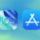 Íconos de iOS y App Store sobre fondo azul y verde, representan aplicaciones móviles y descargas.
