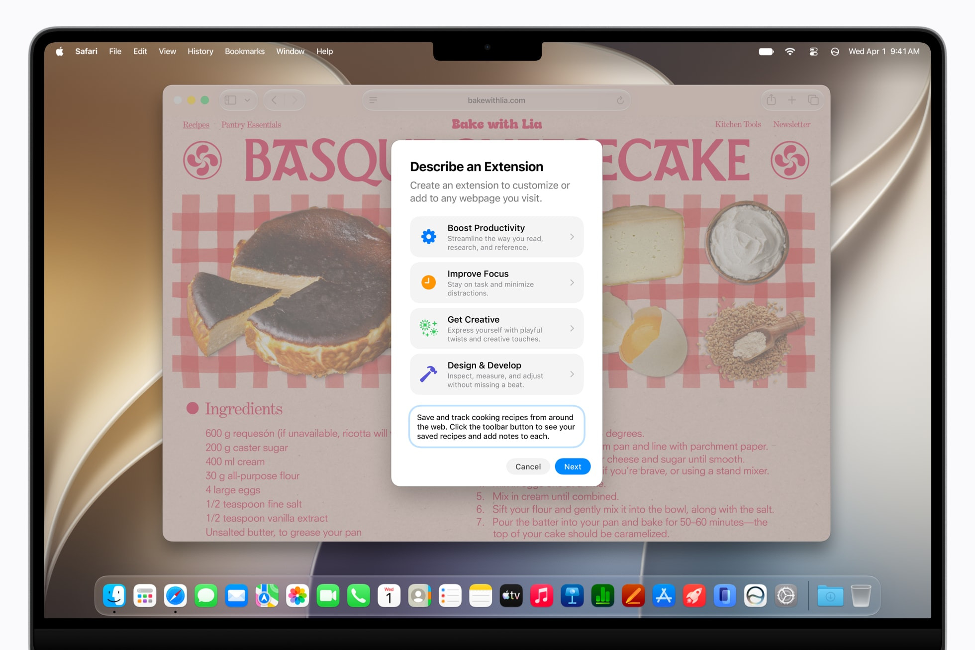 Pantalla de MacBook mostrando una receta de tarta vasca y opciones de personalización de extensiones en Safari.