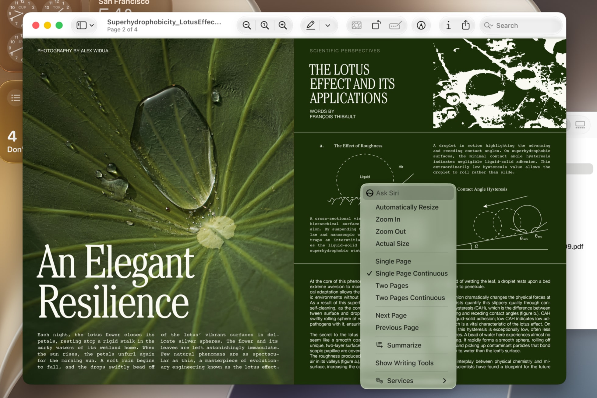 Imagen de una revista sobre el efecto loto y su aplicación, con texto An Elegant Resilience y diagramas científicos.