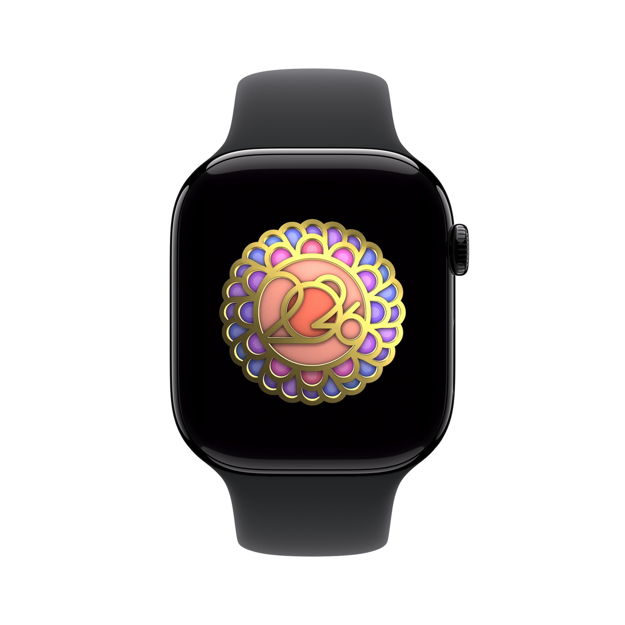 Reloj inteligente con pantalla que muestra un diseño gráfico colorido y geométrico en tonos dorados, rosados y morados.