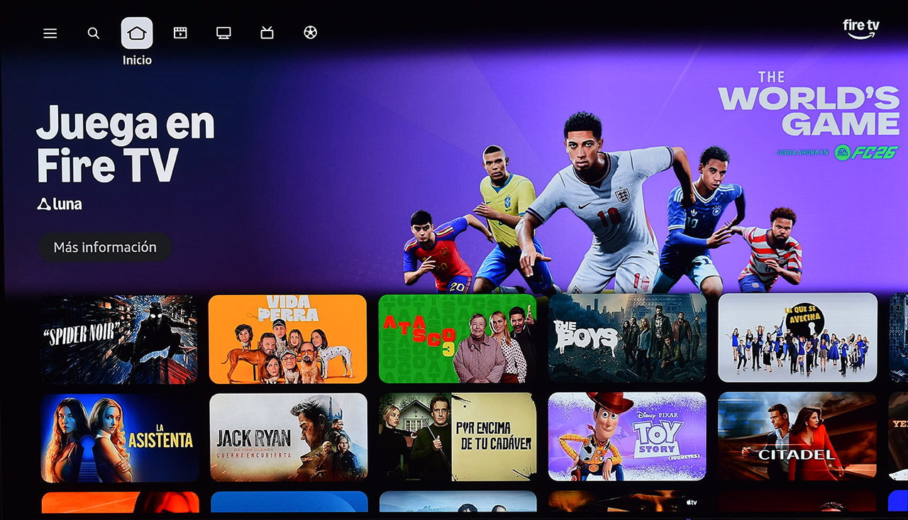 Página de inicio de Fire TV mostrando opciones de juegos y series como The Boys y Toy Story.