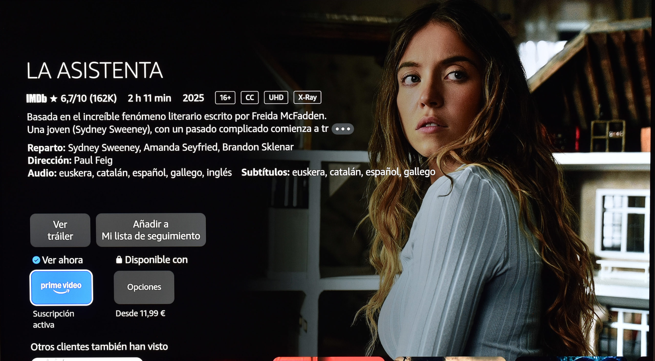 ```plaintext Imagen de pantalla de película La Asistenta en Prime Video, con Sydney Sweeney. Disponible desde 11,99 €. ```